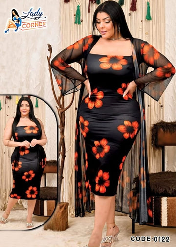 Lady Corner Floral Midi Dress with Sheer Cover-up