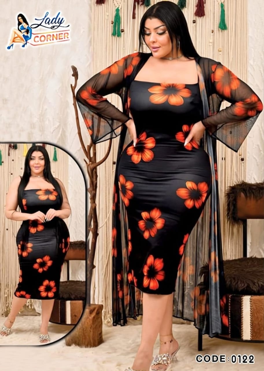Lady Corner Floral Midi Dress with Sheer Cover-up